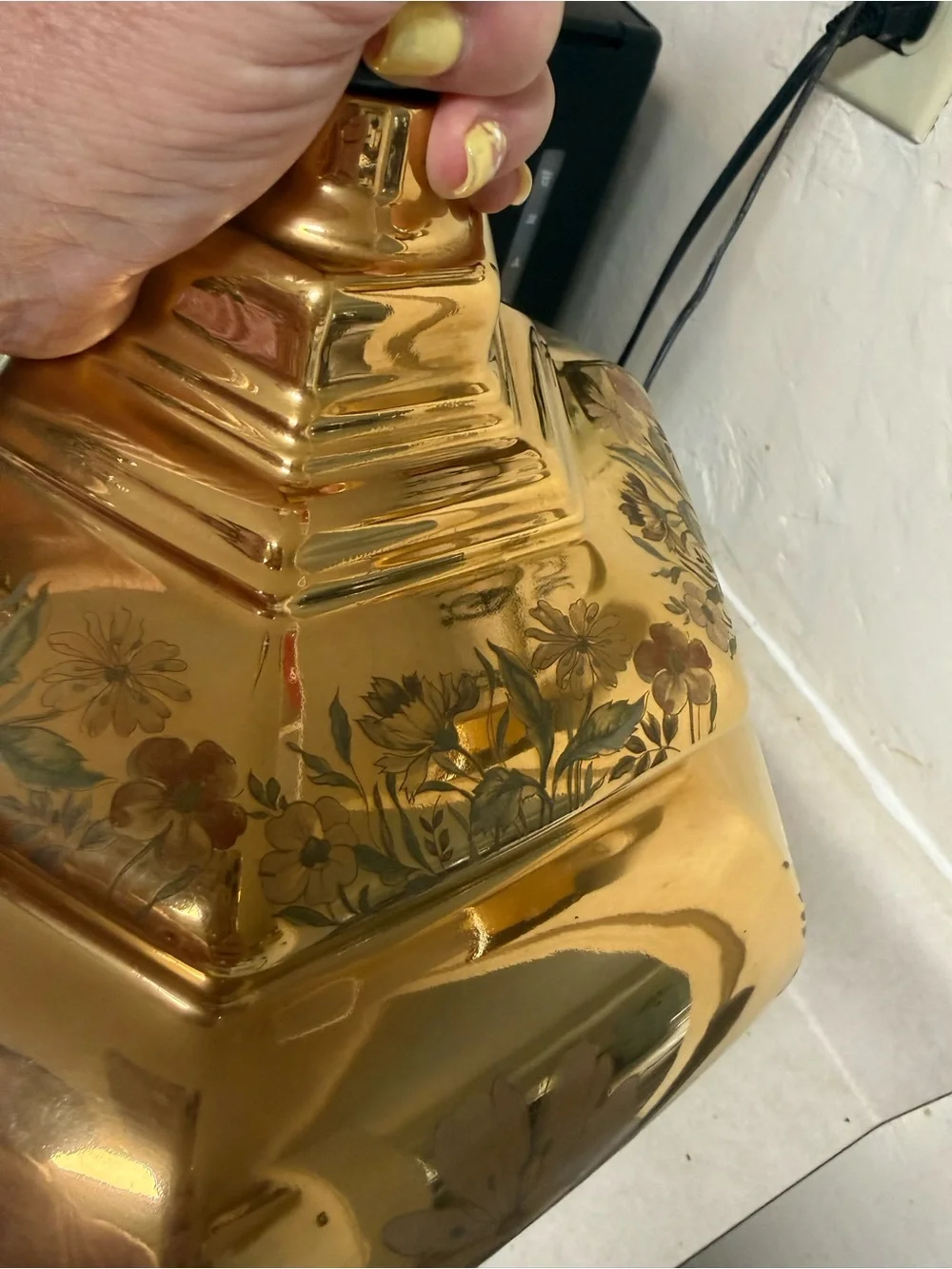 Vintage Solid Cast Brass Chinoiserie Ginger Jar Table Lamp hand painted flowers